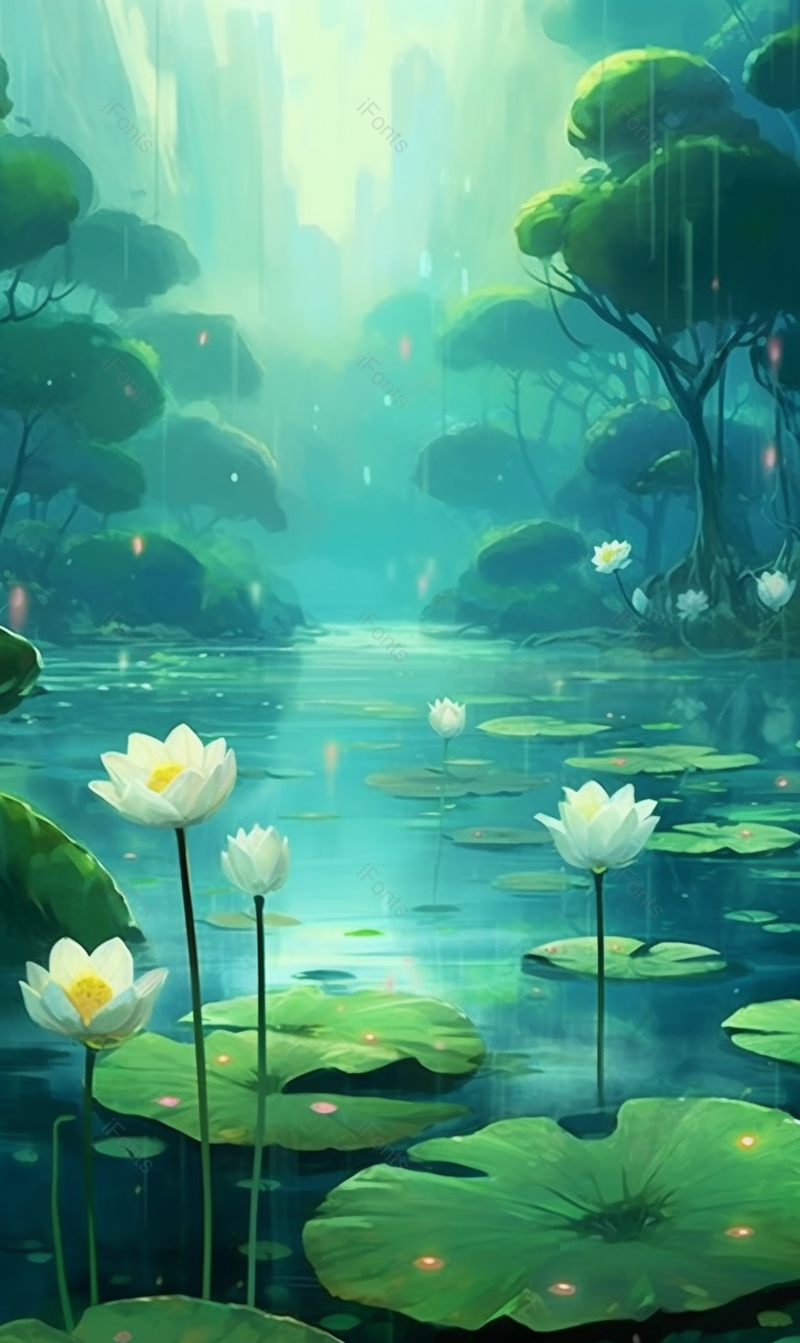 二十四节气小暑夏季夏至立夏树林间小池塘水面上的荷花荷叶莲花绿色插画,插画/手绘图,插画/手绘图库,插画/手绘图下载,插画/手绘